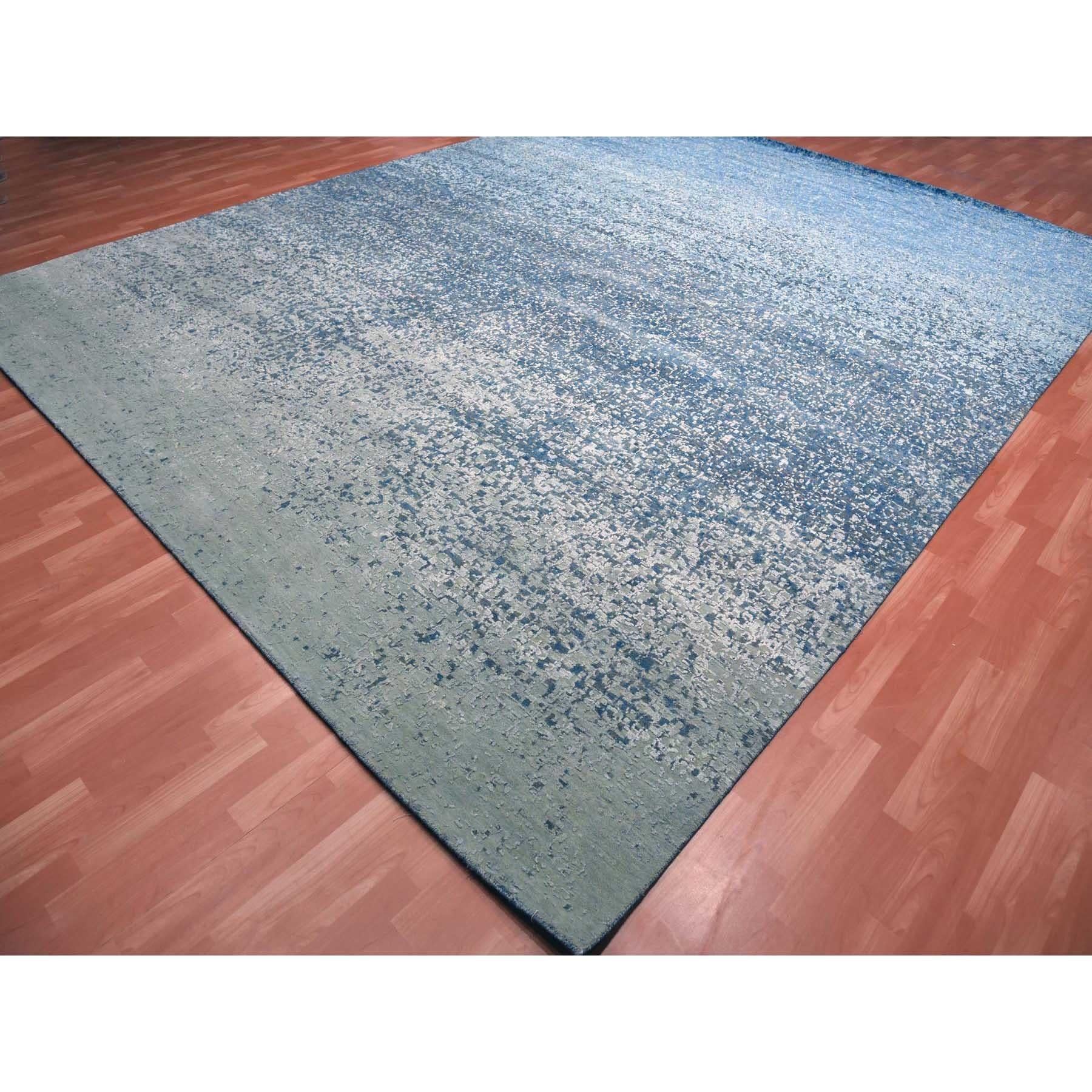Hand-Knotted Denim Blue Pure Silk and Wool Modern Hand Knotted Oversized Rug 12'0