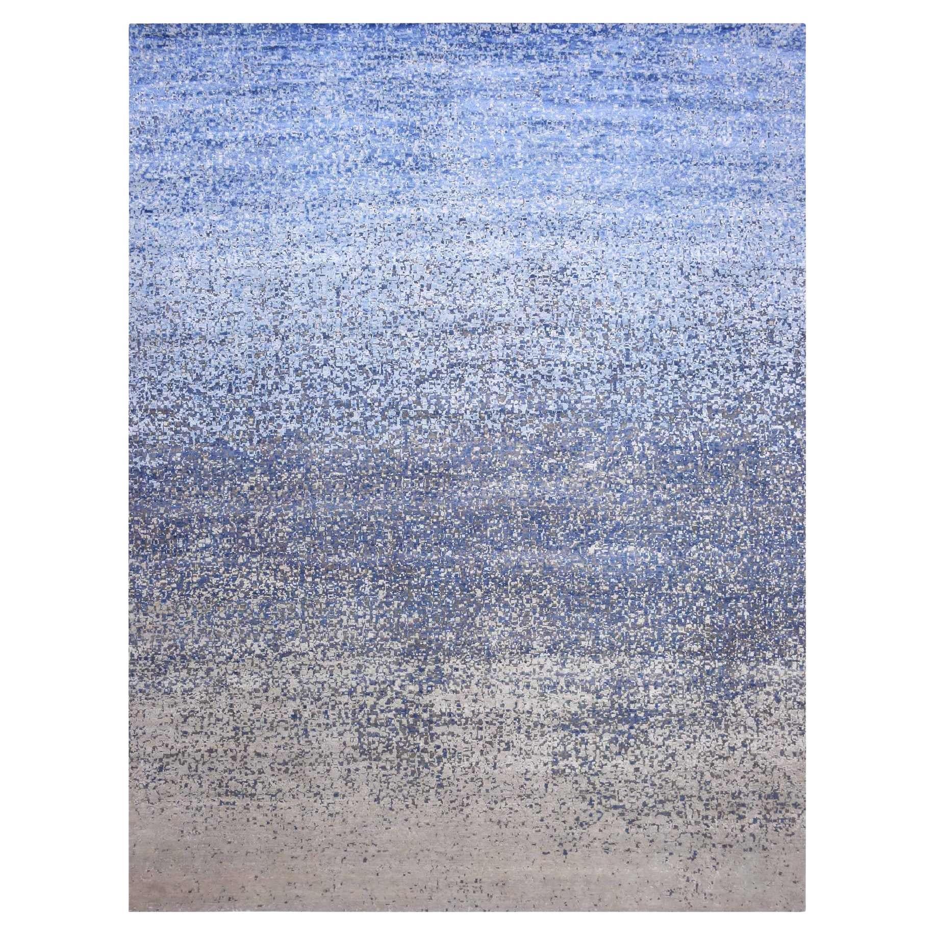 Denim Blue Pure Silk and Wool Modern Hand Knotted Oversized Rug 12'0" x 15'0" For Sale