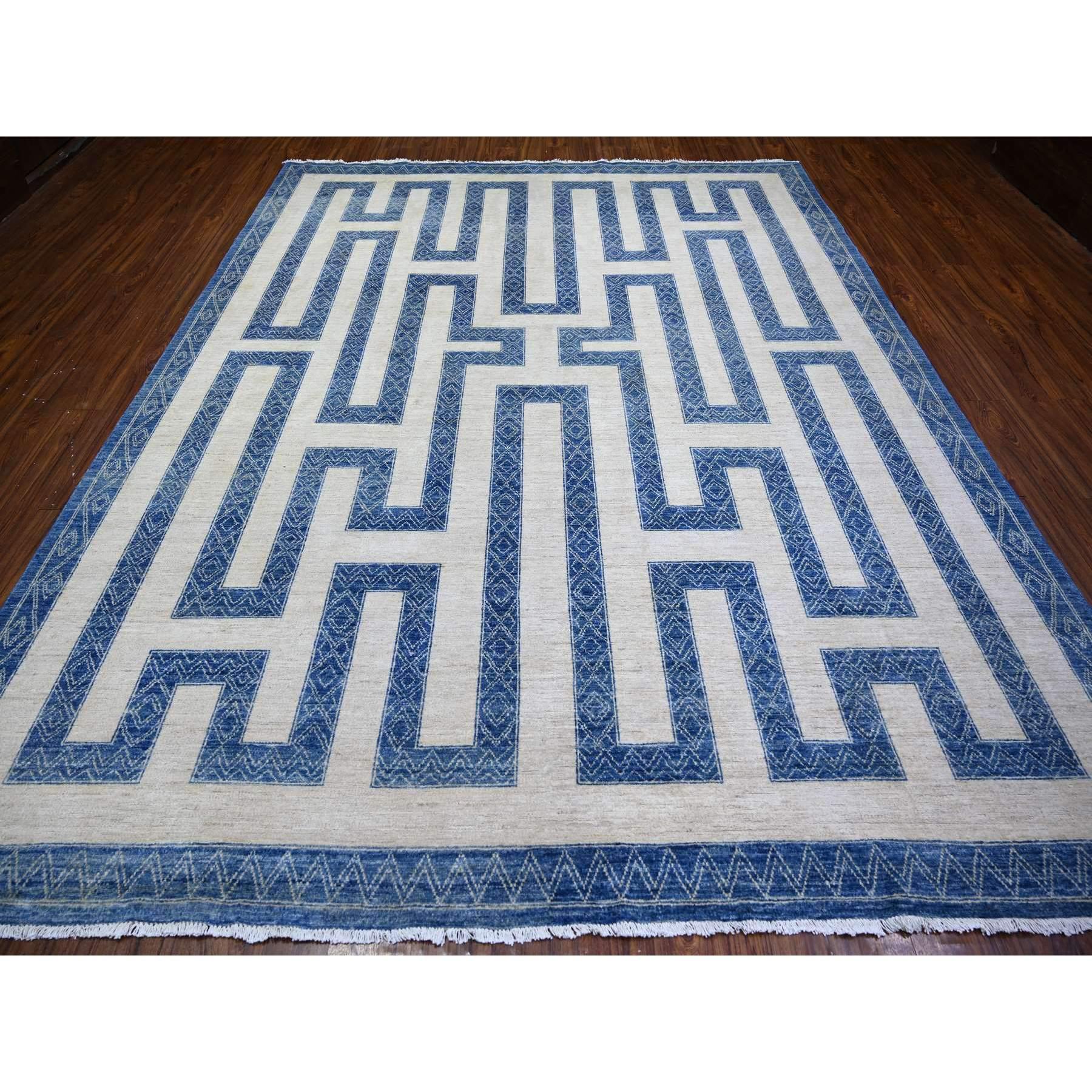 Oushak Denim Blue Pure Wool Hand Knotted Finer Peshawar Oriental Rug 9'1
