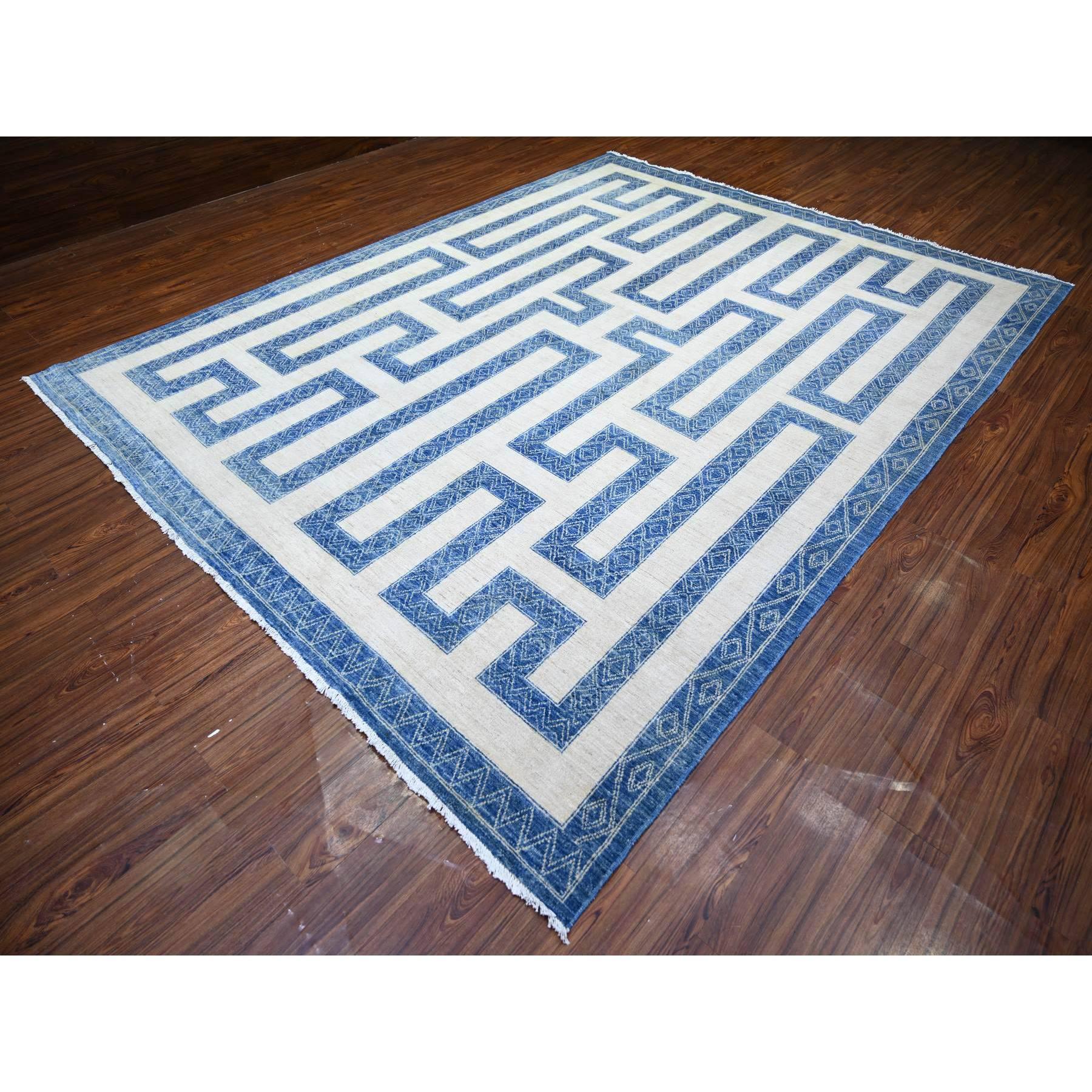 Afghan Denim Blue Pure Wool Hand Knotted Finer Peshawar Oriental Rug 9'1
