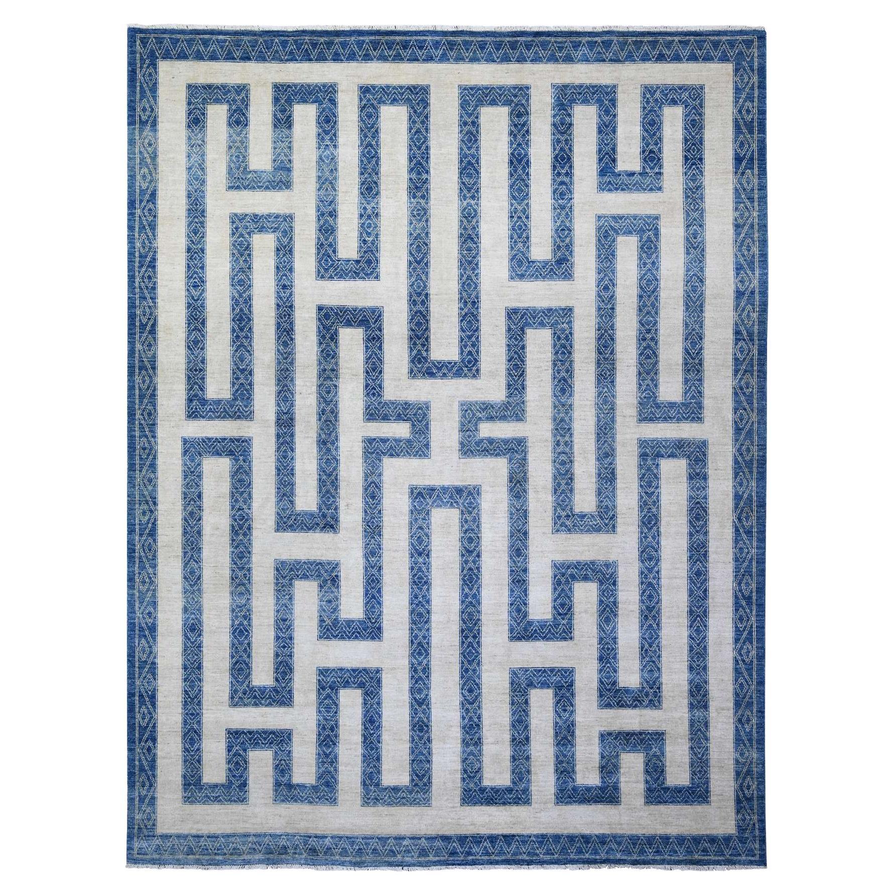 Denim Blue Pure Wool Hand Knotted Finer Peshawar Oriental Rug 9'1" x 11'8"