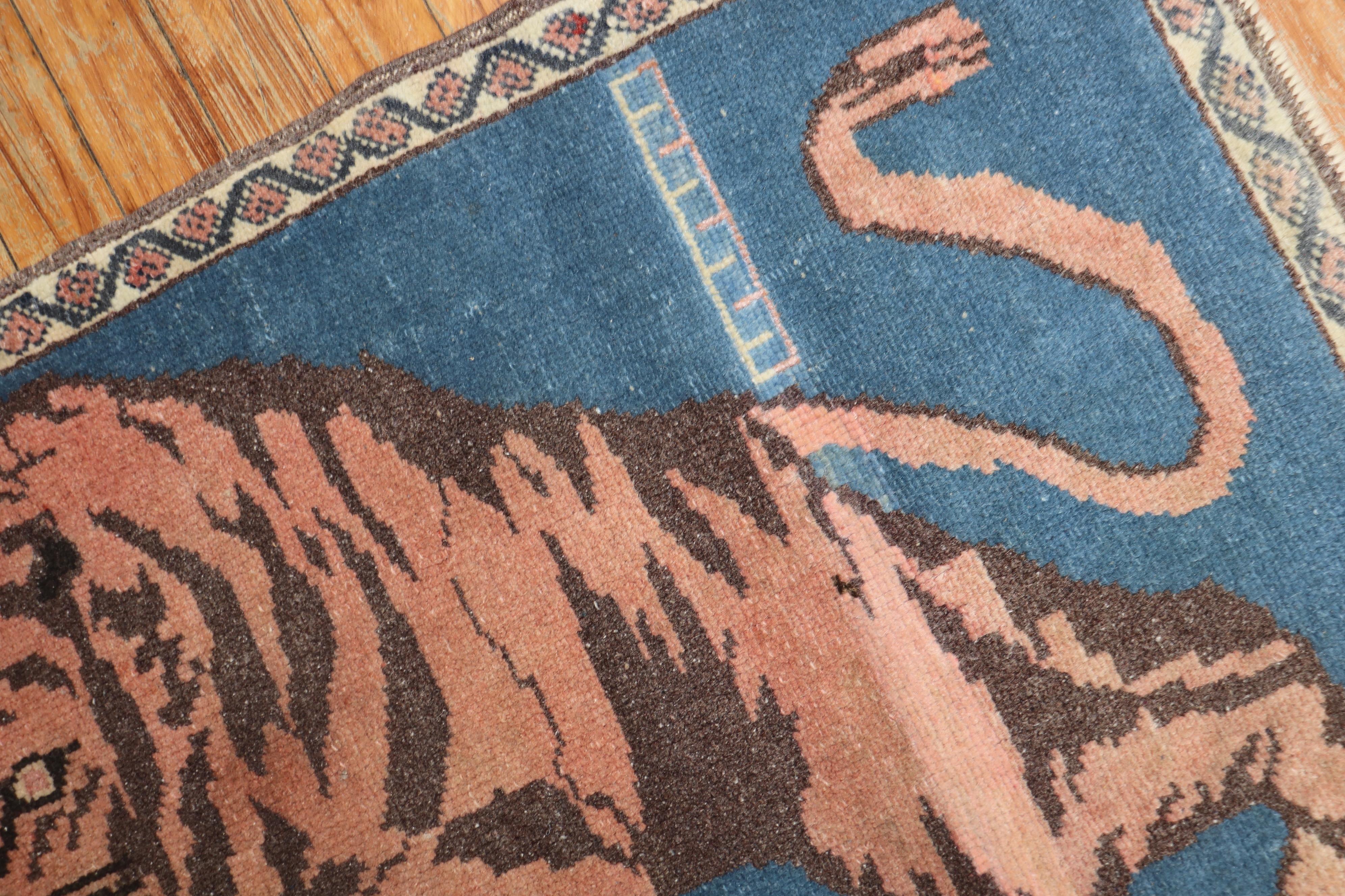 Hand-Knotted Denim Blue Roaring Tiger Pictorial Turkish 20th Century Wool Rug