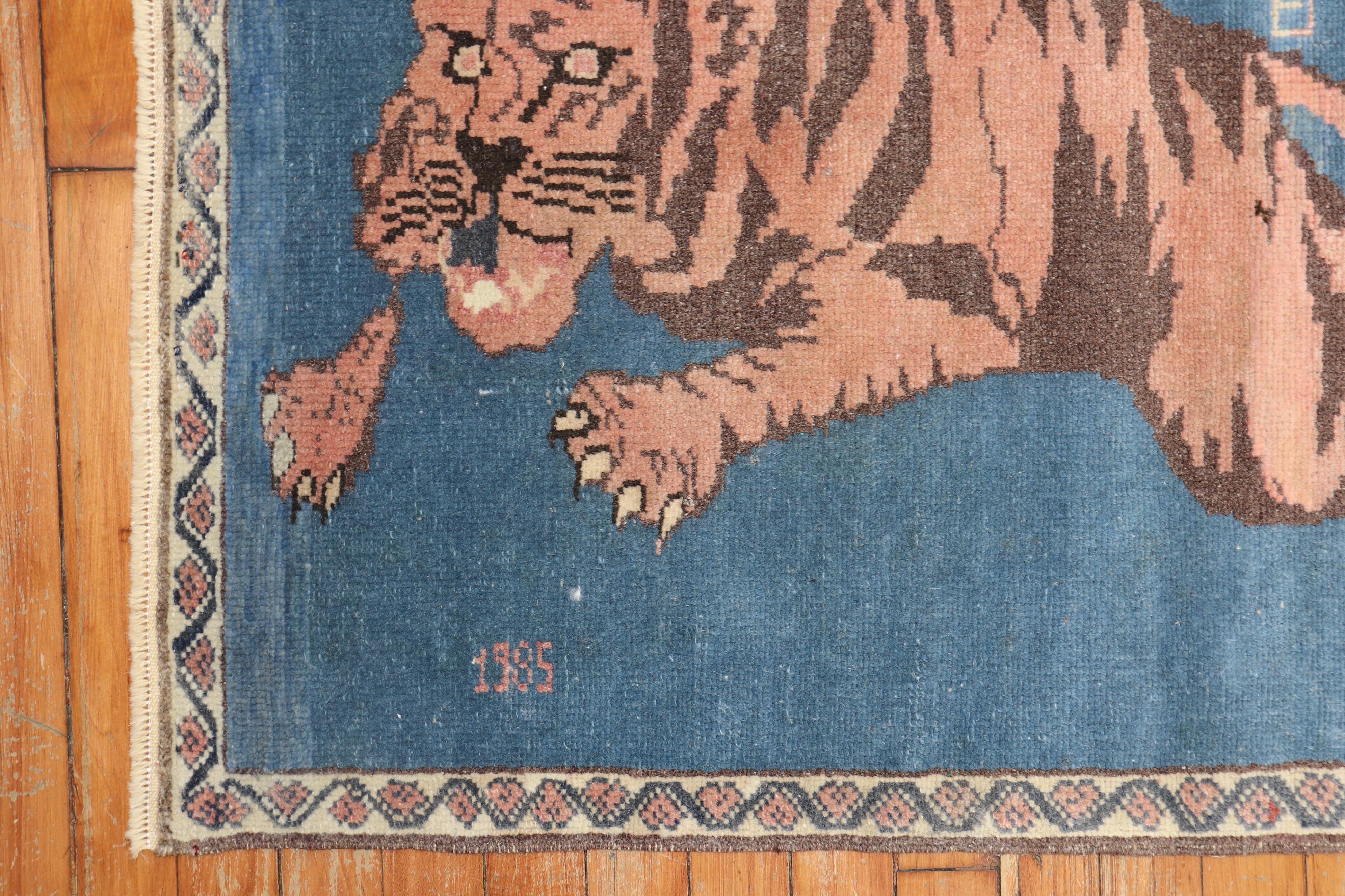 Denim Blue Roaring Tiger Pictorial Turkish 20th Century Wool Rug 1