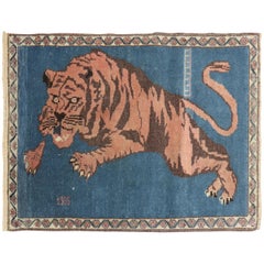 Denim Blue Roaring Tiger Pictorial Turkish 20th Century Wool Rug