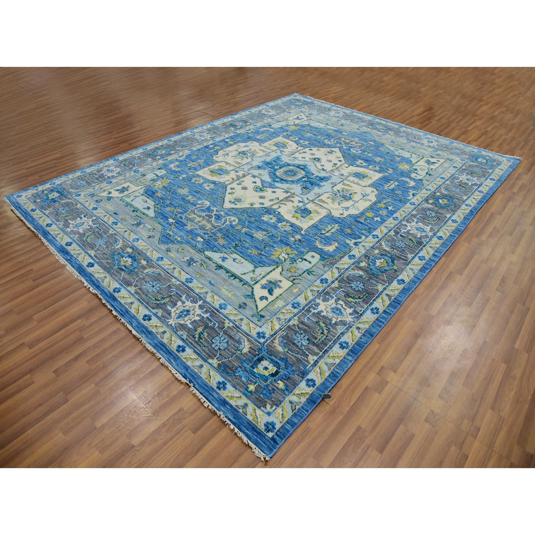 Heriz Serapi Tapis Heriz en denim bleu « Soft to the Touch » 100 % laine nouée à la main 9'2
