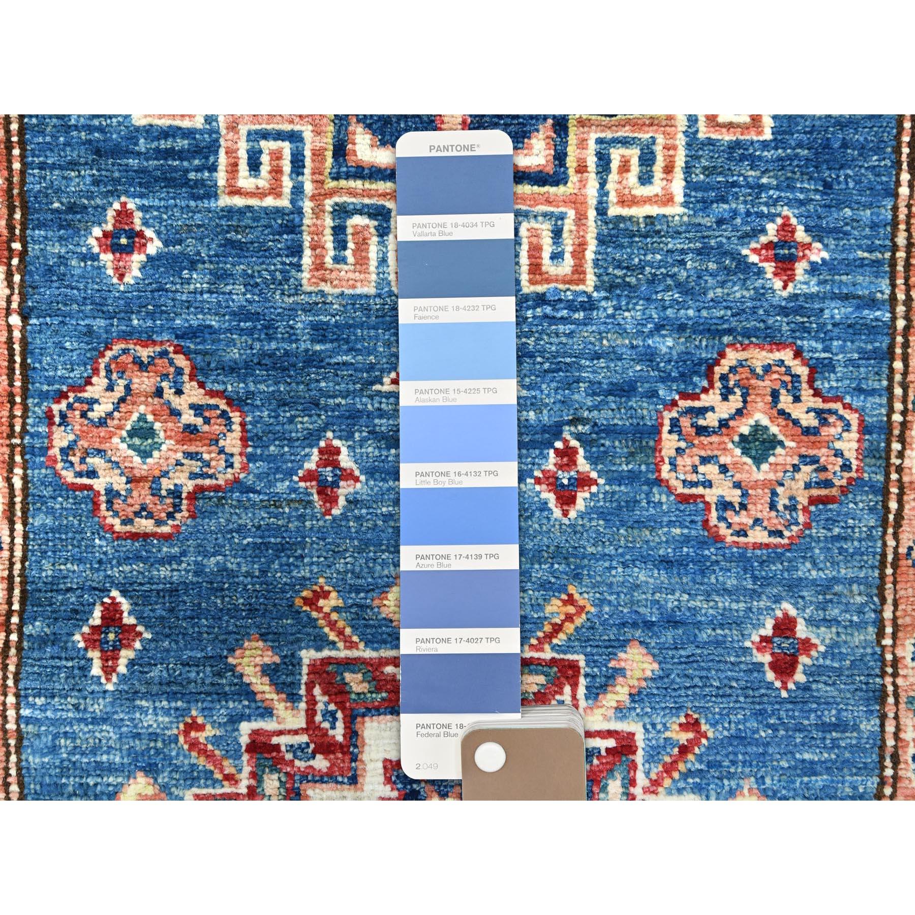 Noué à la main Tapis de course bleu denim en laine douce nouée à la main Afghan Super Kazak XL 2'6