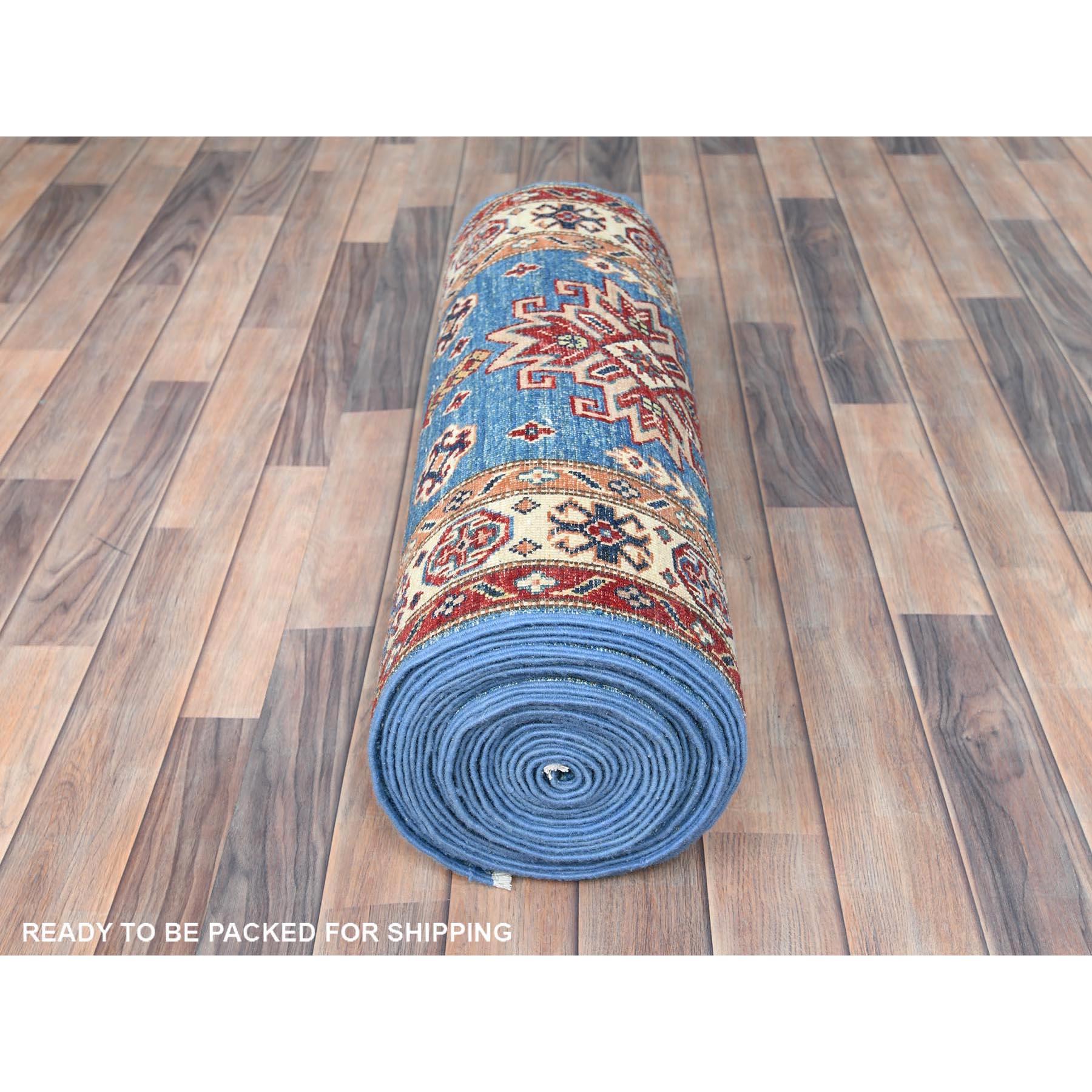 Tapis de course bleu denim en laine douce nouée à la main Afghan Super Kazak XL 2'6