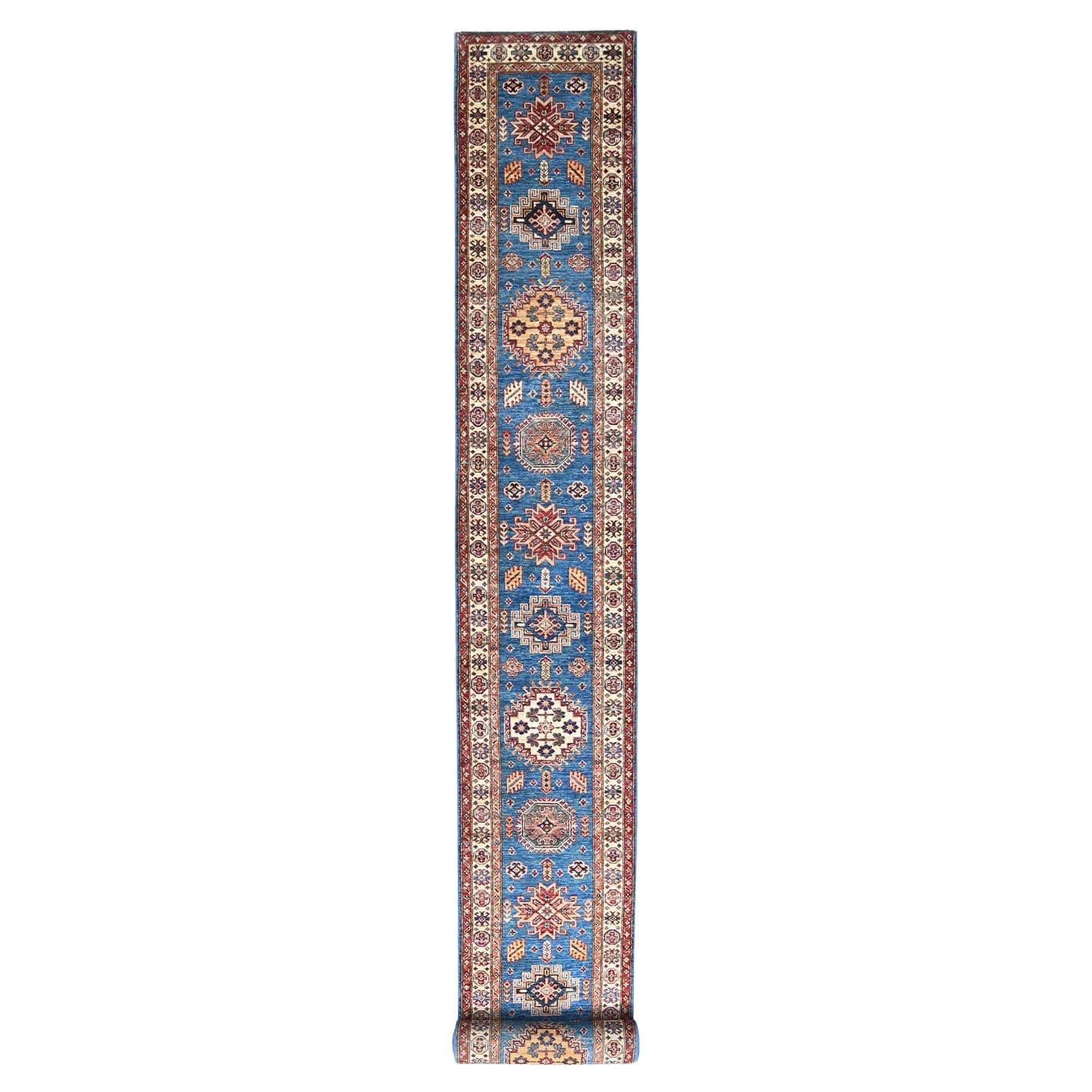 Denim Blauer handgeknüpfter Afghan Super Kazak XL Läufer aus weicher Wolle 2'6" x 33'6"