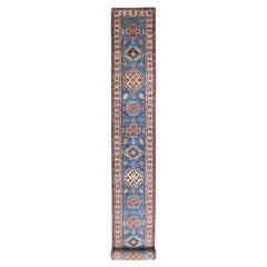 Azul Denim Suave Lana Anudada a Mano Alfombra de Corredor Afgano Super Kazak XL 2'6" x 33'6