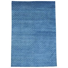 Denim Blue Tone on Tone Wool and Silk Hand Knotted Oriental Rug
