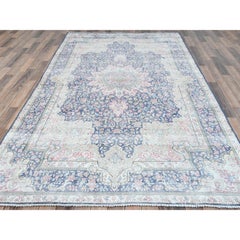 Denim Blue Vintage Zoroastrian Karman Worn Wool Hand Knotted Distressed Look Rug