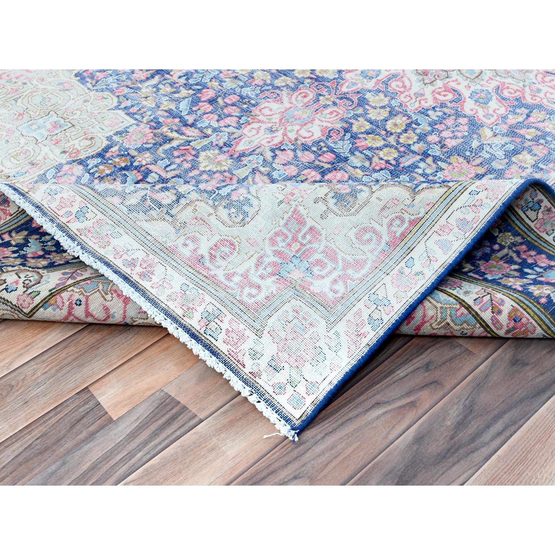 Denim Blue Vintage Persian Kerman Worn Wool Hand Knotted Distressed Look Rug In Good Condition For Sale In Carlstadt, NJ