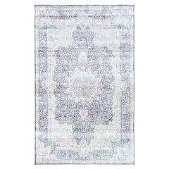 Tapis persan vintage en denim bleu Kerman en laine usée à la main, noué à la main, style vieilli