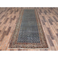Denim Blue, Vintage Persian Serab, Hand Knotted Worn Wool, Distressed Runner Rug