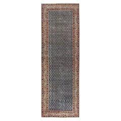 Denim Blue, Vintage Persian Serab, Hand Knotted Worn Wool, Distressed Runner Rug
