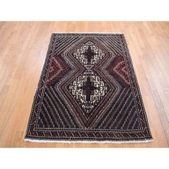 Denim Blue Vintage Persian Shiraz Intricate Design Pure Wool Hand Knotted Rug
