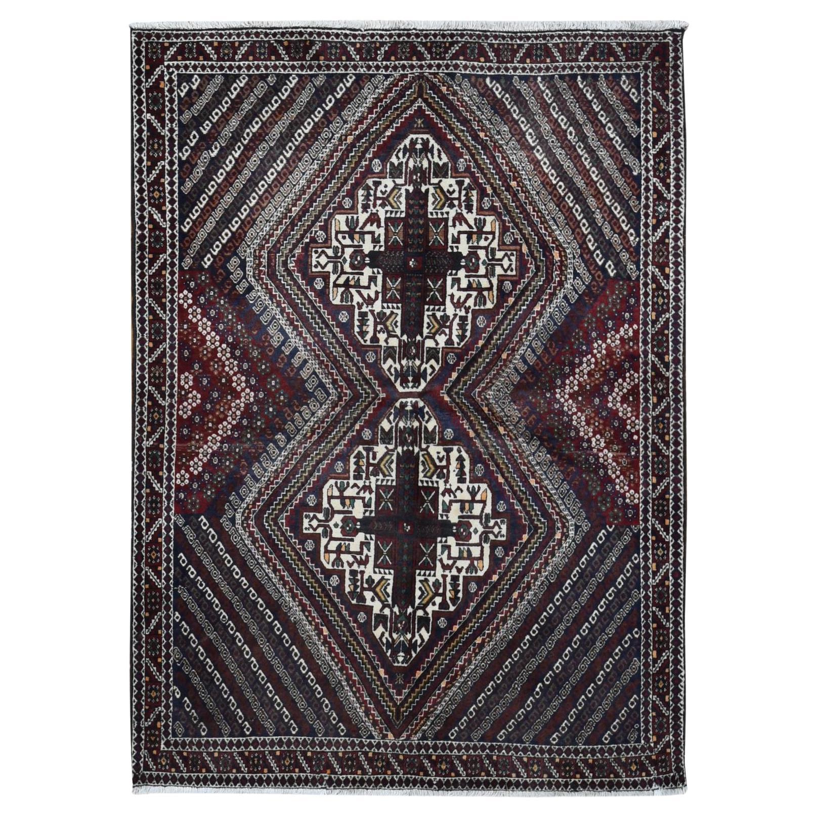 Denim Blauer Vintage Persischer Shiraz Handgeknüpfter Teppich aus reiner Wolle mit kompliziertem Design