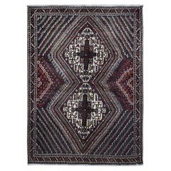 Denim Blue Retro Persian Shiraz Intricate Design Pure Wool Hand Knotted Rug