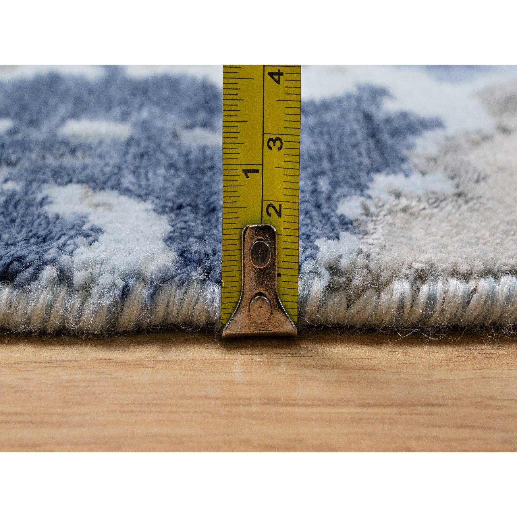 Denim Blue with Ivory Abstract Design Wool and Silk Hand Knotted Oriental Rug For Sale 3