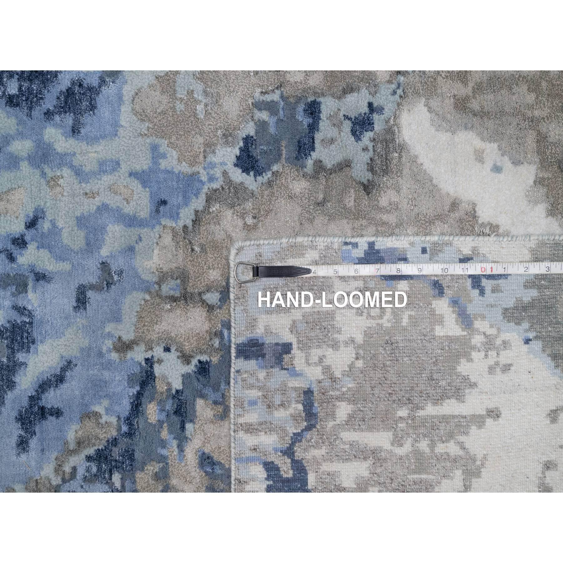 Denim Blue with Ivory Abstract Design Wool and Silk Hand Knotted Oriental Rug For Sale 4