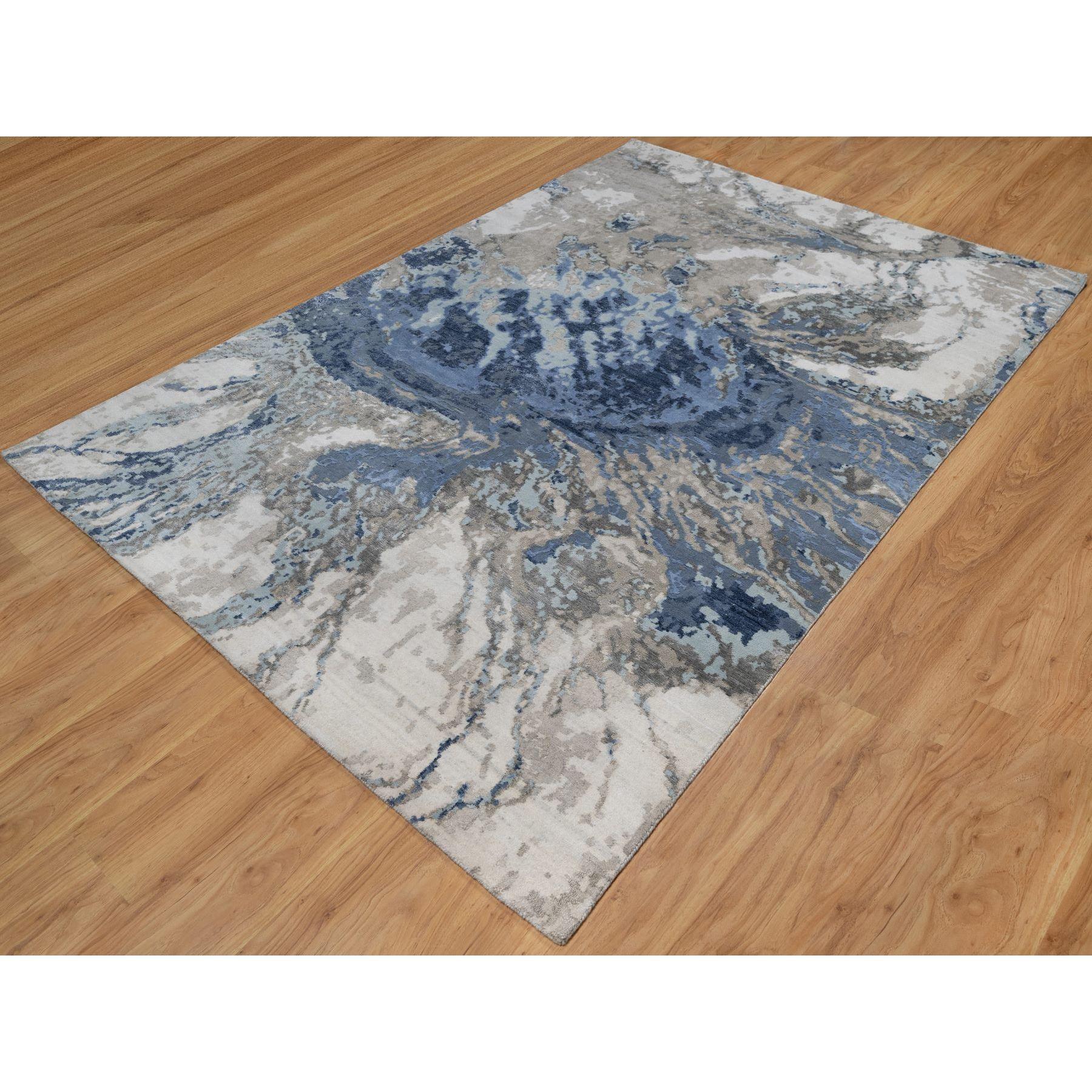 Modern Denim Blue with Ivory Abstract Design Wool and Silk Hand Knotted Oriental Rug For Sale