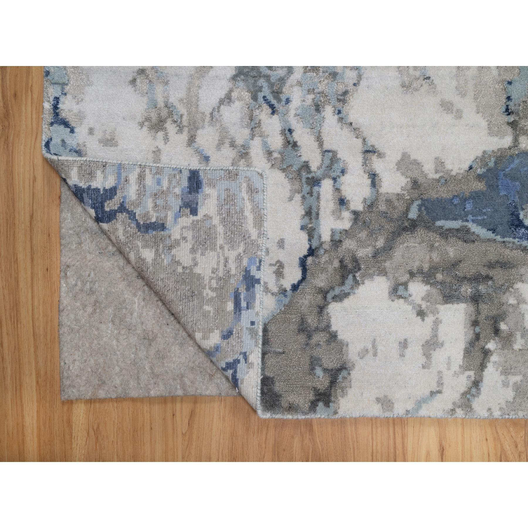 Indian Denim Blue with Ivory Abstract Design Wool and Silk Hand Knotted Oriental Rug For Sale