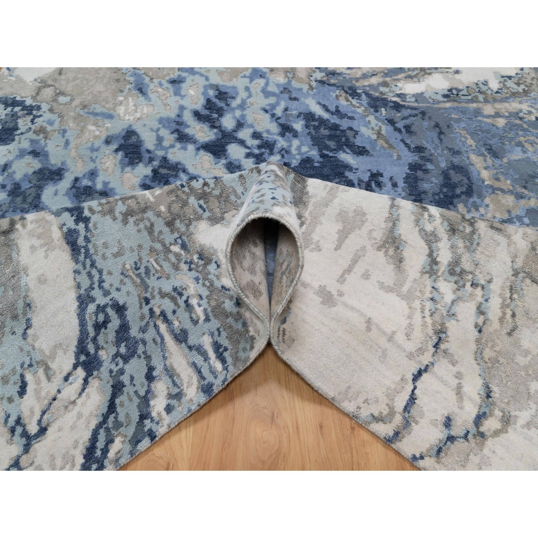 Hand-Knotted Denim Blue with Ivory Abstract Design Wool and Silk Hand Knotted Oriental Rug For Sale
