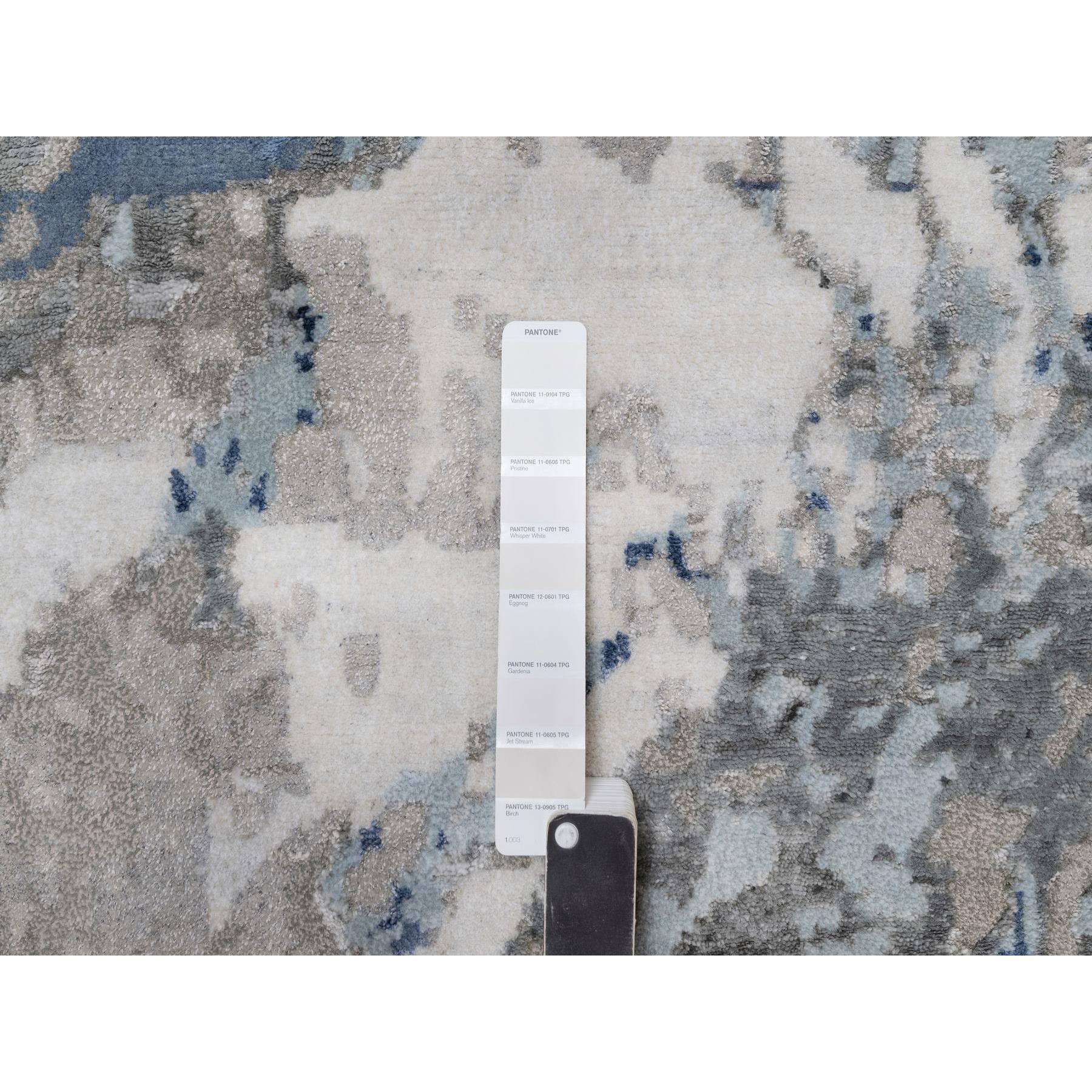 Contemporary Denim Blue with Ivory Abstract Design Wool and Silk Hand Knotted Oriental Rug For Sale