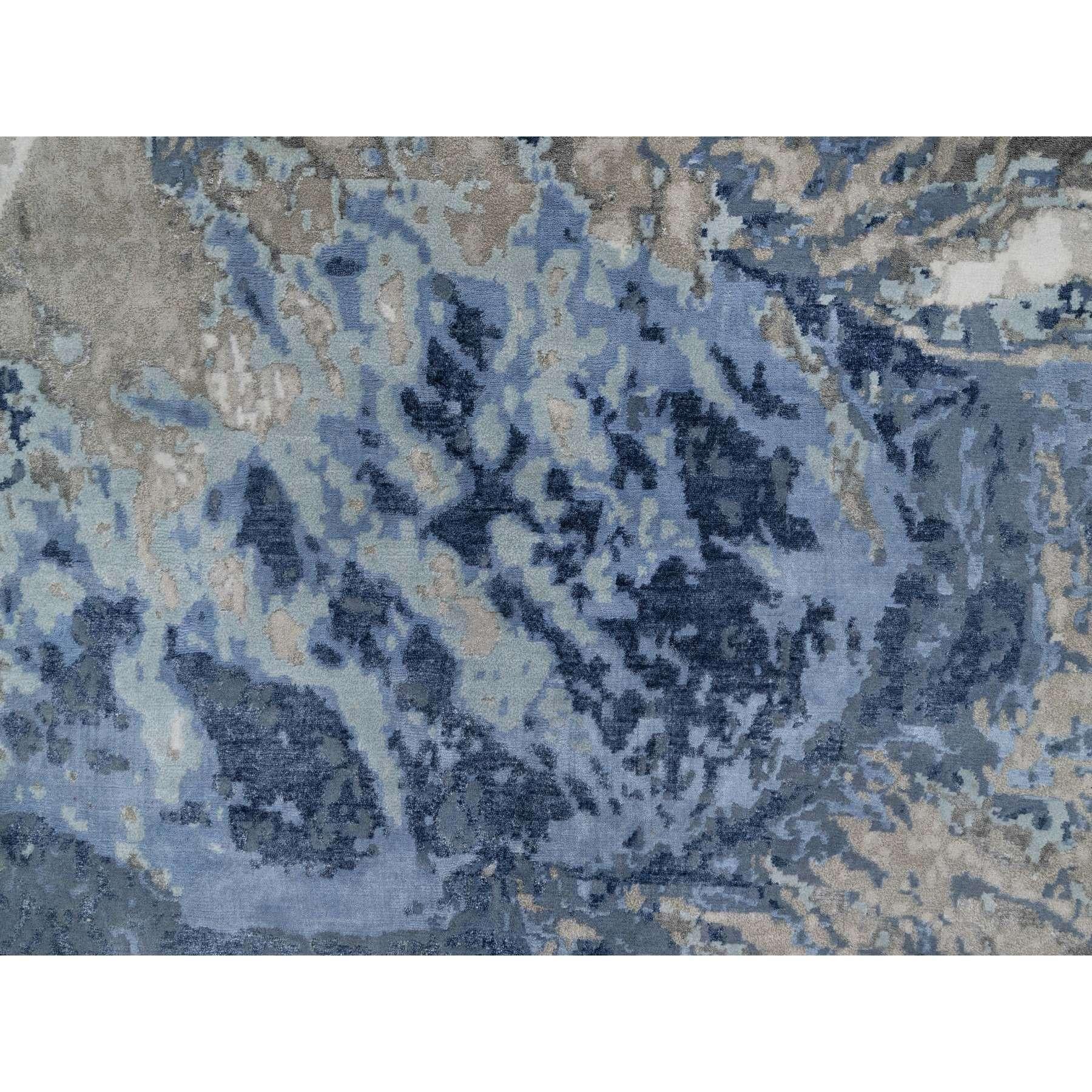 Denim Blue with Ivory Abstract Design Wool and Silk Hand Knotted Oriental Rug For Sale 1