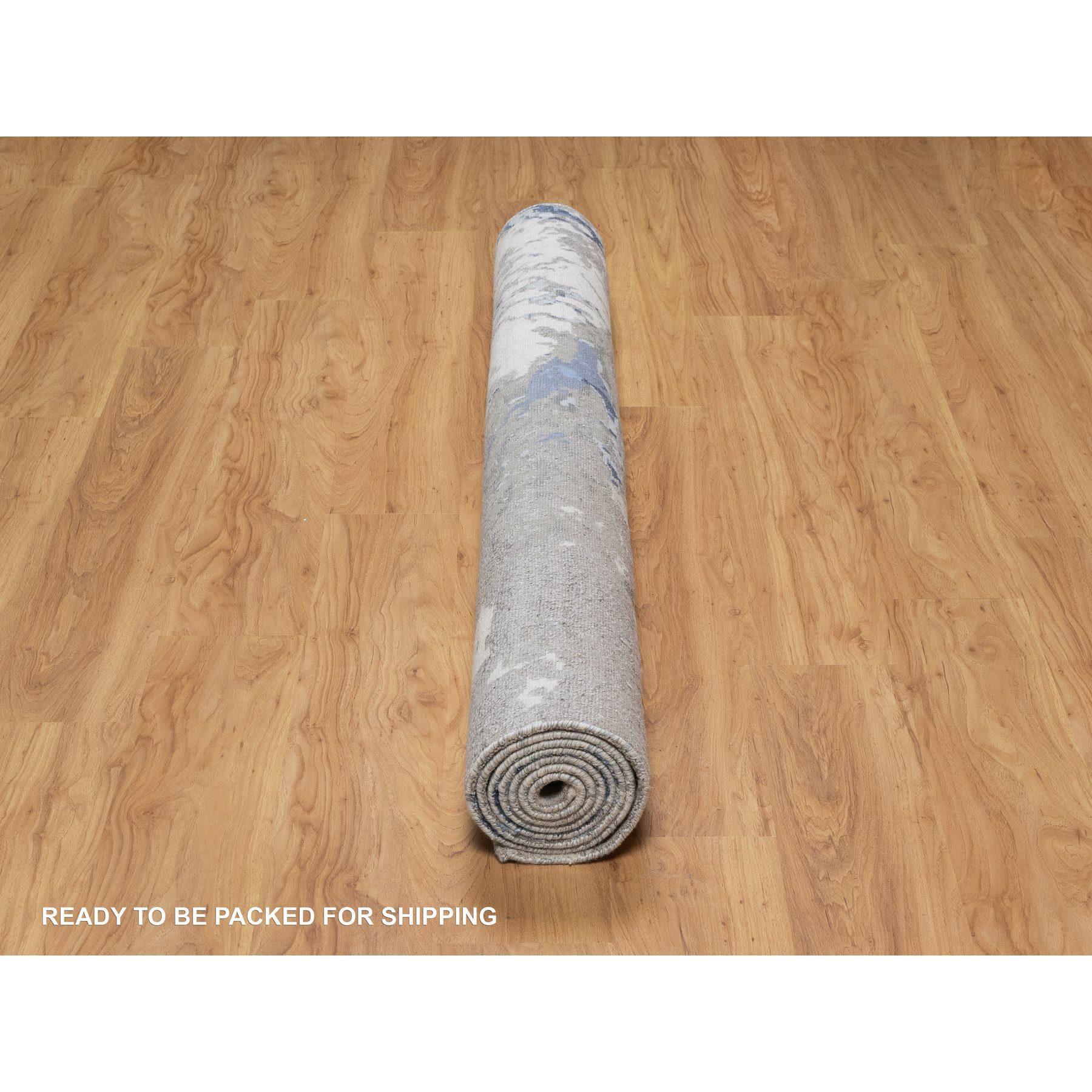 Denim Blue with Ivory Abstract Design Wool and Silk Hand Knotted Oriental Rug For Sale 2