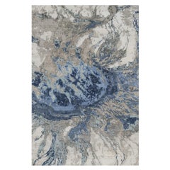 Denim Blue with Ivory Abstract Design Wool and Silk Hand Knotted Oriental Rug