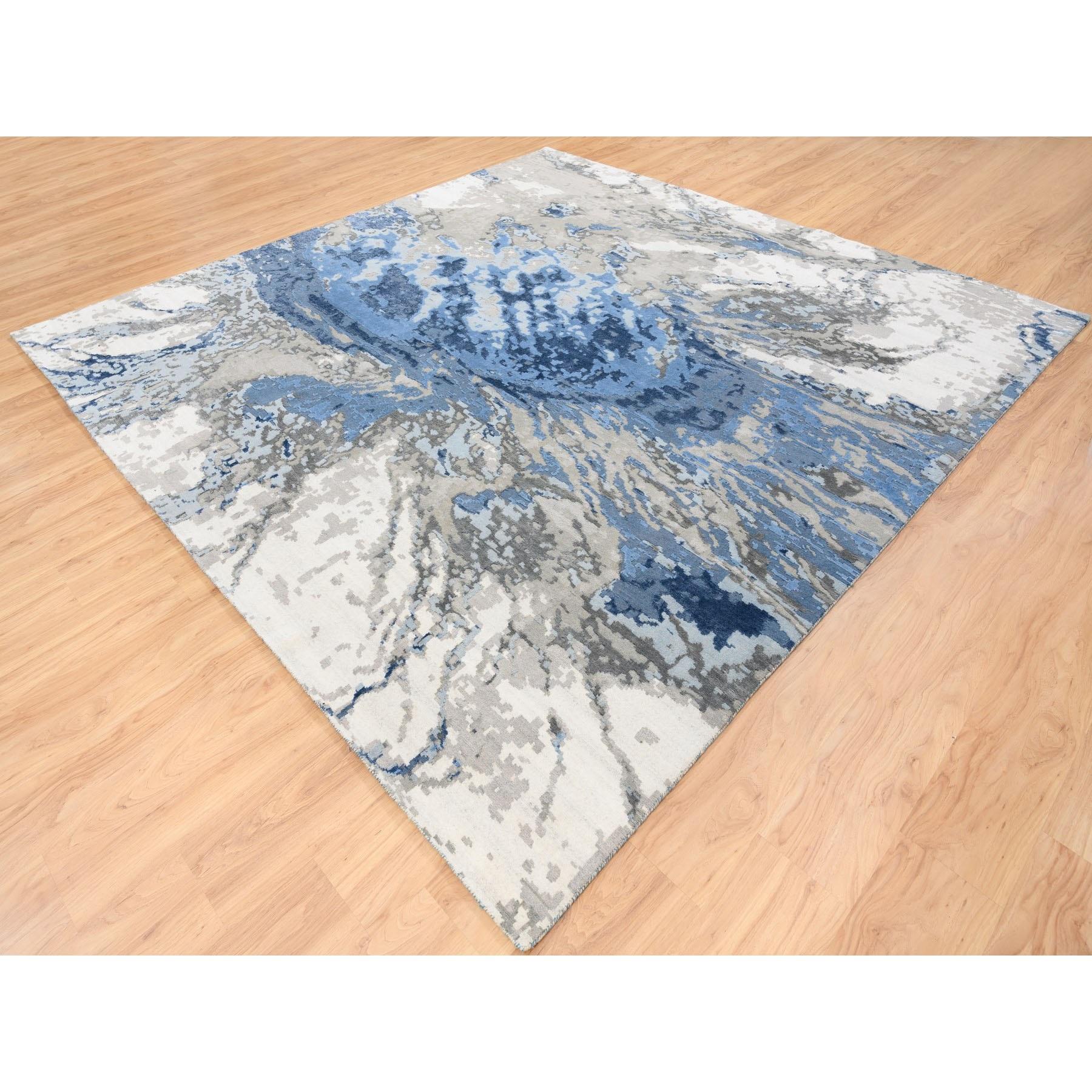 Indien Tapis noué à la main en laine et soie bleu avec motif abstrait taupe 10'x10'1