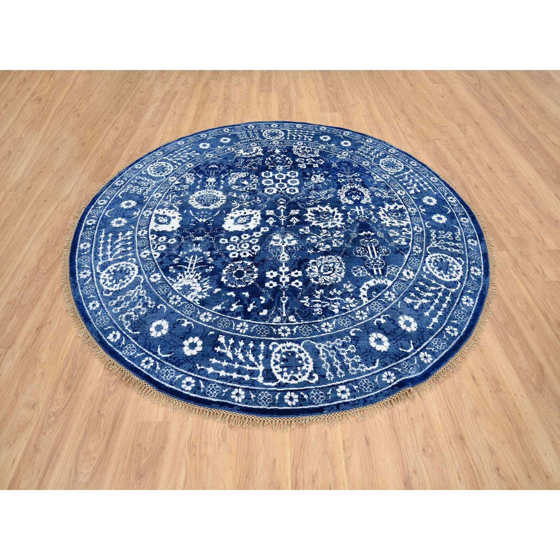 Indian Denim Blue Wool and Silk Hand Knotted Tabriz Round Oriental Rug 8'2