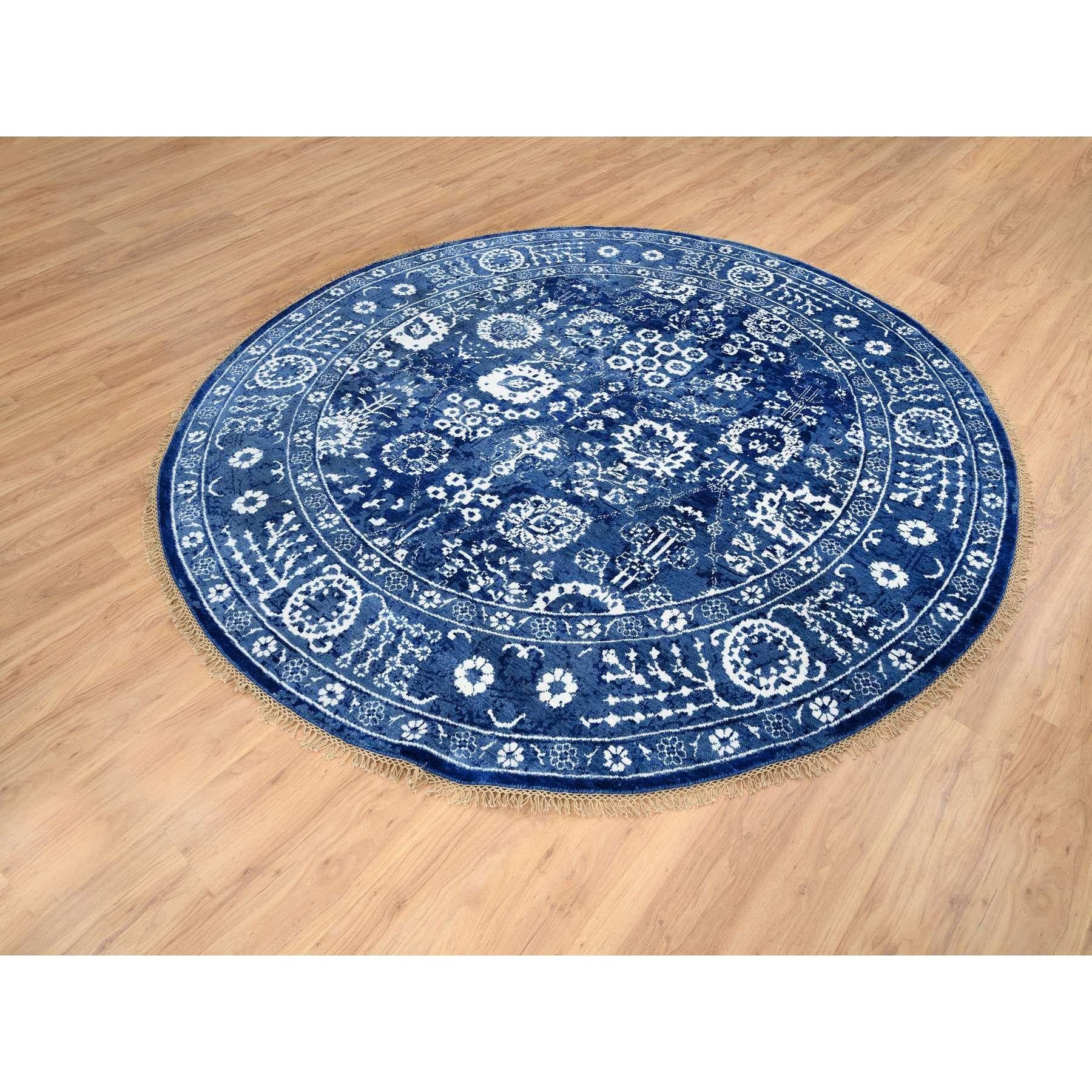 Hand-Knotted Denim Blue Wool and Silk Hand Knotted Tabriz Round Oriental Rug 8'2