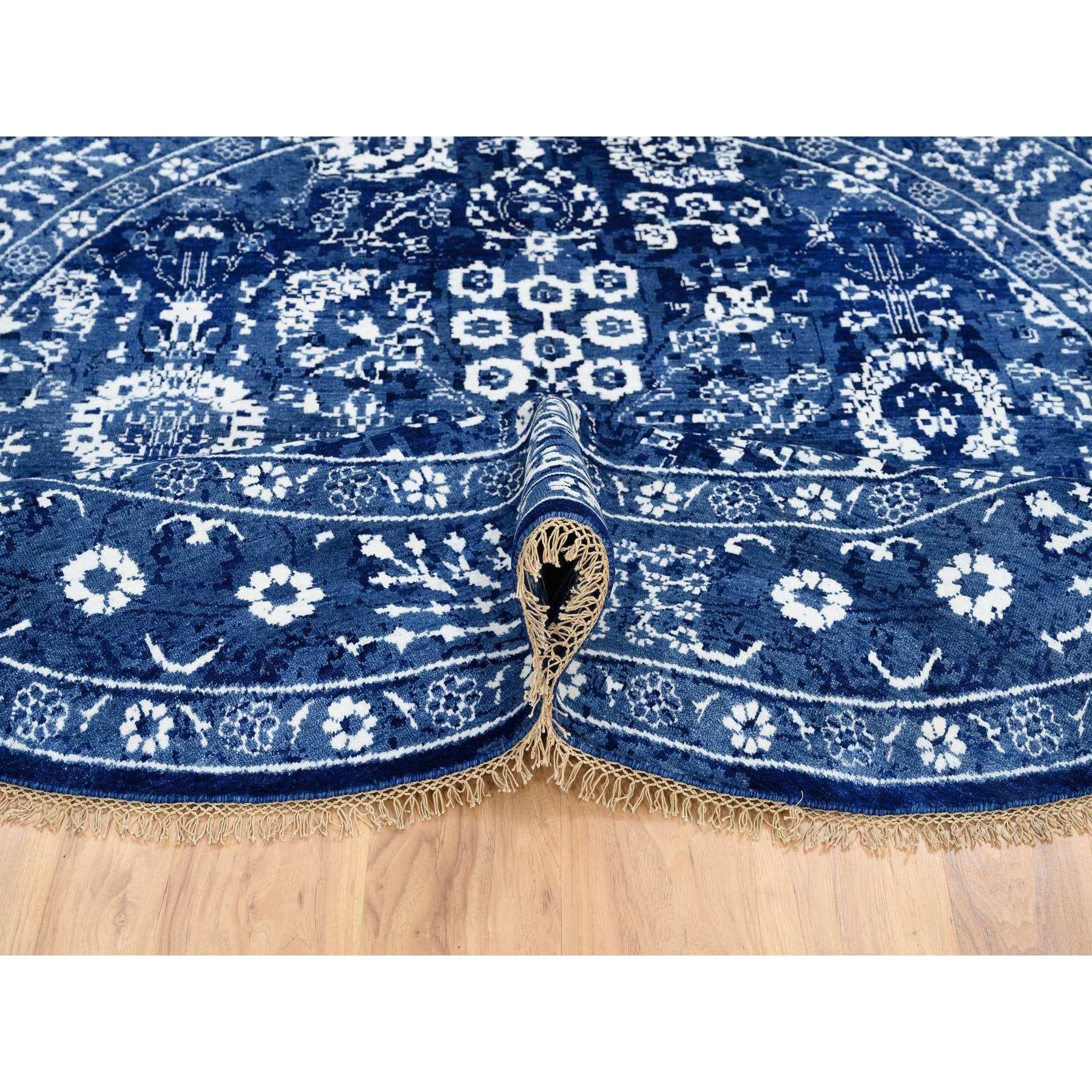Contemporary Denim Blue Wool and Silk Hand Knotted Tabriz Round Oriental Rug 8'2
