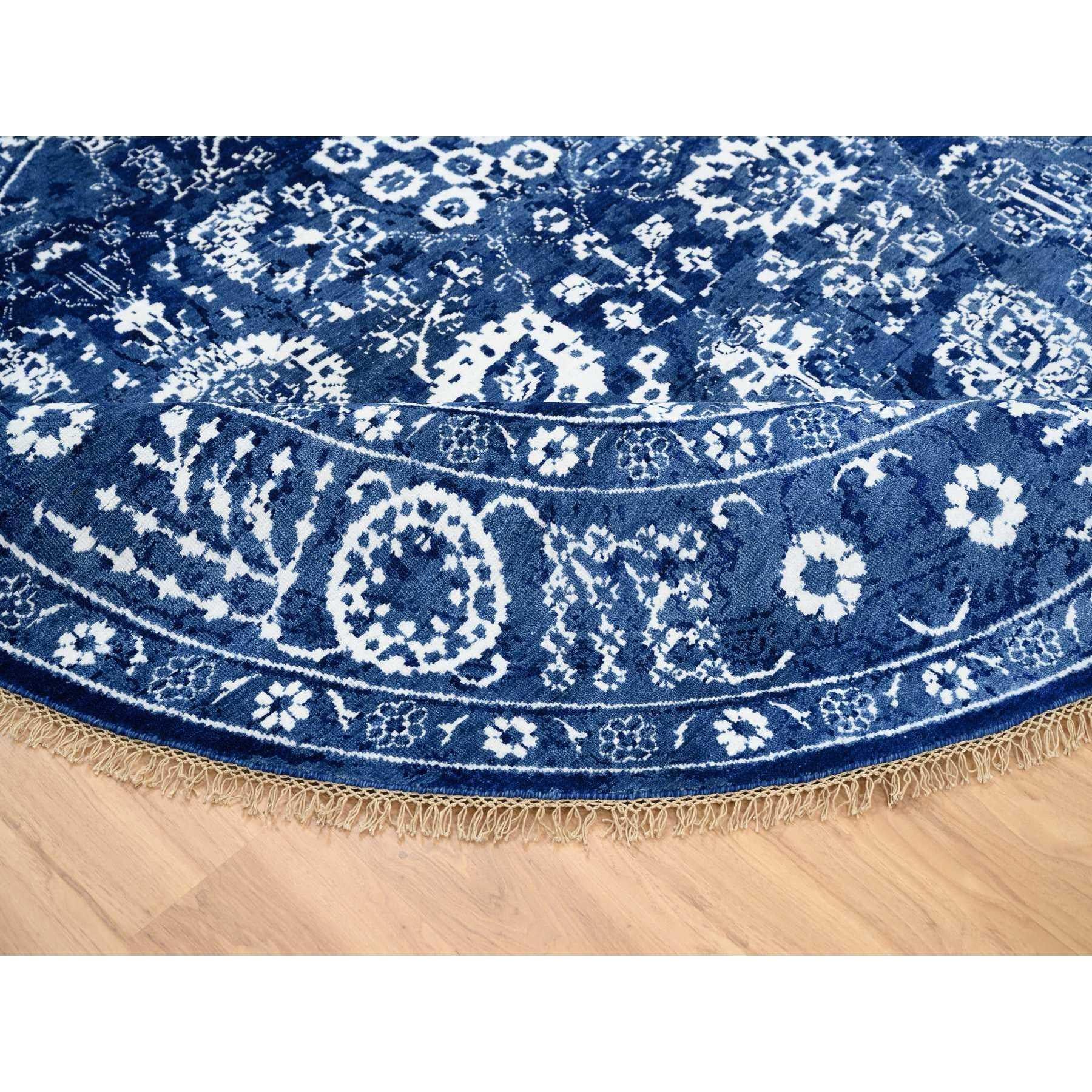 Denim Blue Wool and Silk Hand Knotted Tabriz Round Oriental Rug 8'2