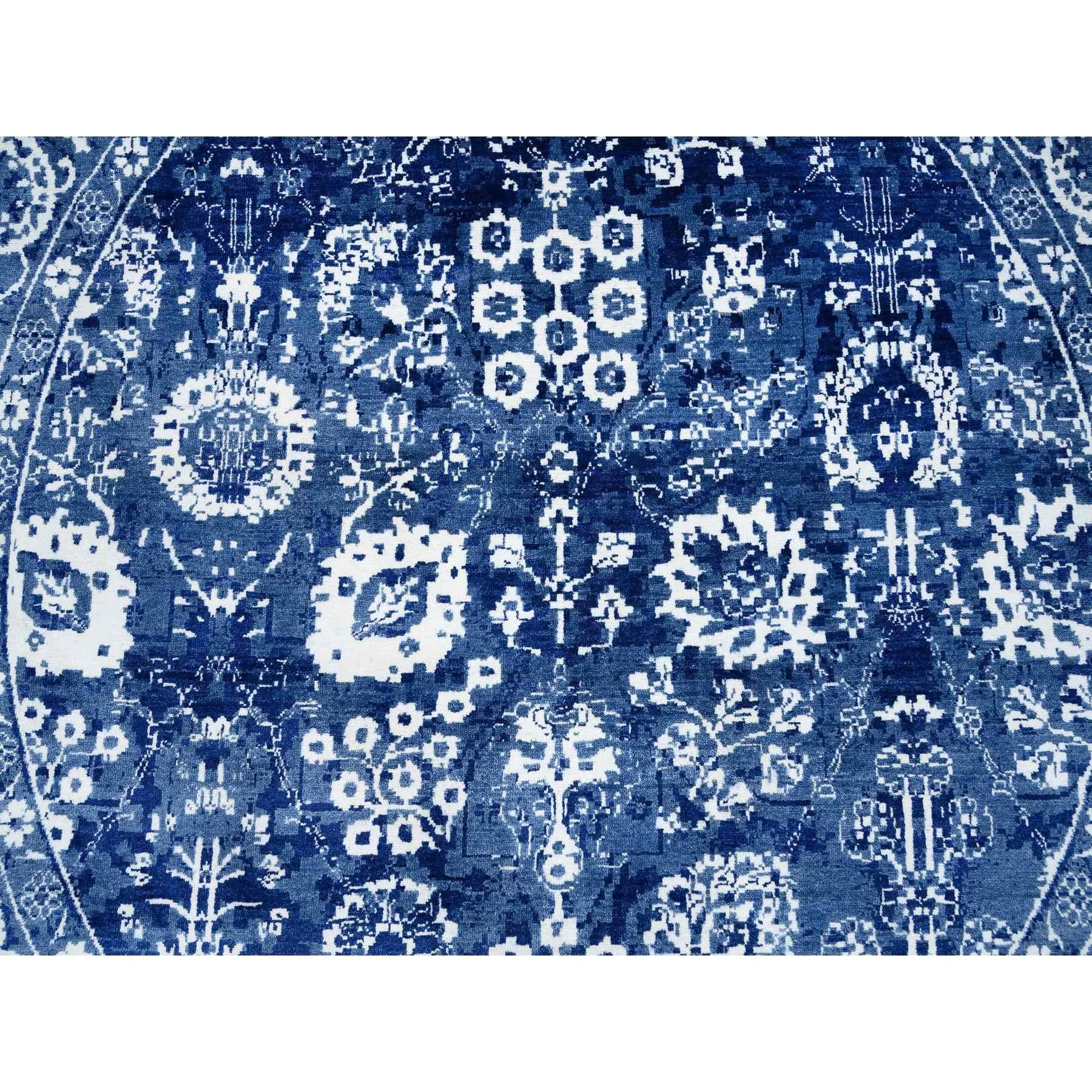 Denim Blue Wool and Silk Hand Knotted Tabriz Round Oriental Rug 8'2
