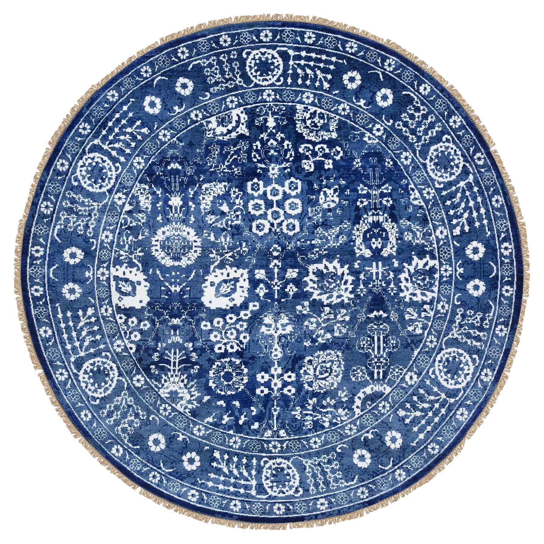 Denim Blue Wool and Silk Hand Knotted Tabriz Round Oriental Rug 8'2" x 8'2" For Sale