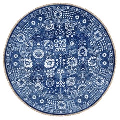Alfombra Oriental Tabriz Redonda Anudada a Mano de Lana y Seda Azul Denim 8'2" x 8'2