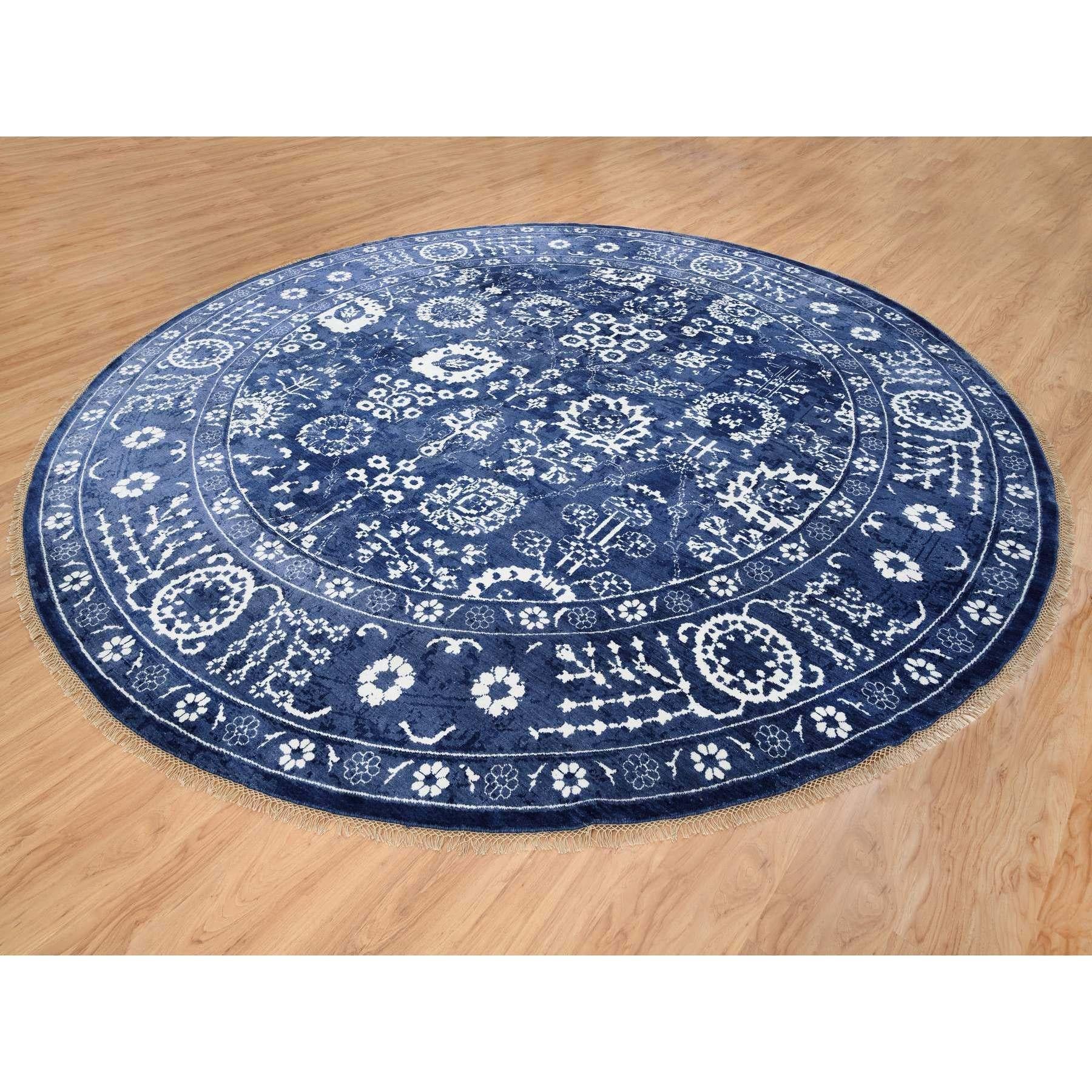 Indiano Tappeto rotondo annodato a mano Tabriz in lana e seta blu denim 12' x 12' in vendita