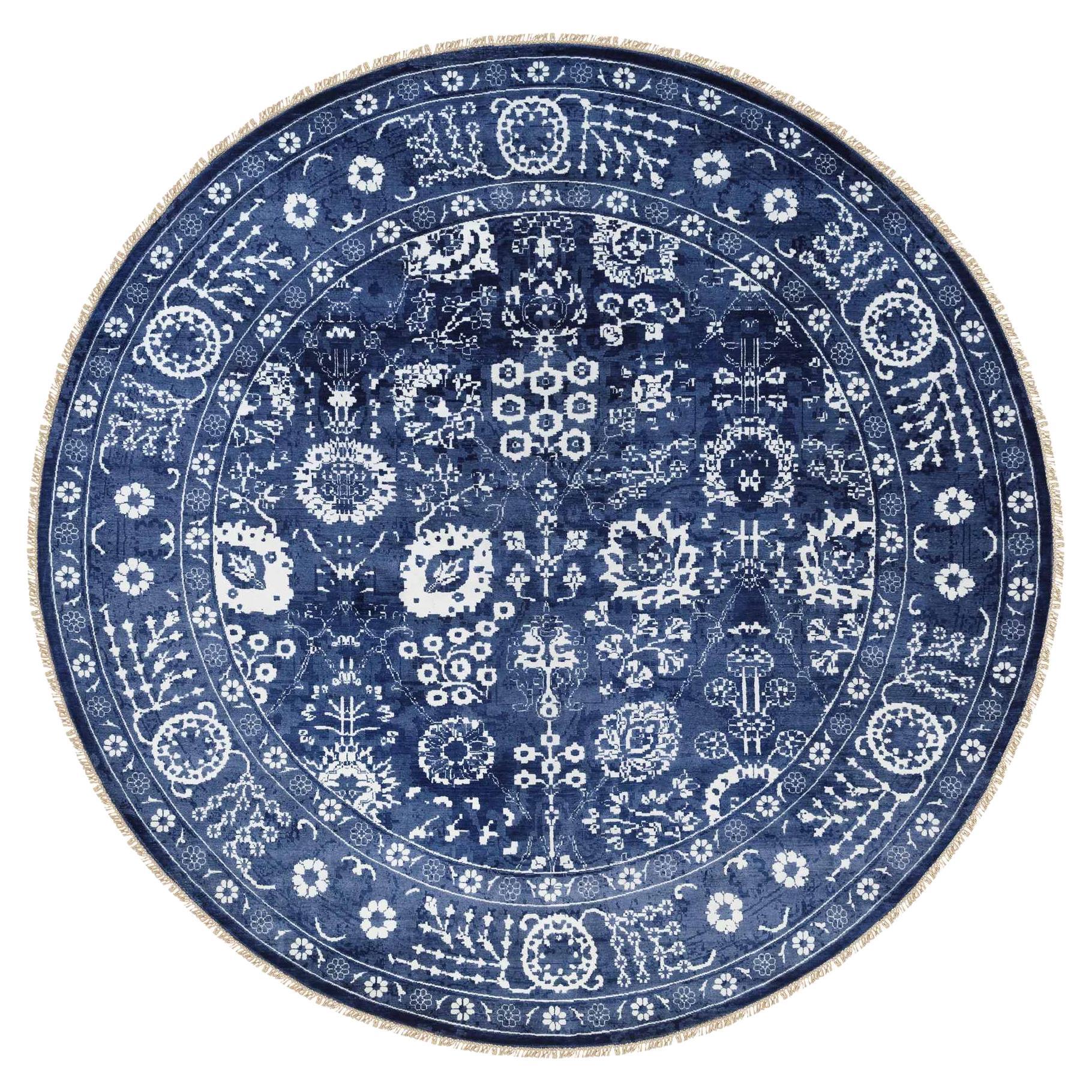 Denim Blue Wool and Silk Tone On Tone Tabriz Hand Knotted Round Rug 12 'x 12'