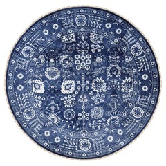 Azul Denim Lana y Seda Tono Sobre Tono Tabriz Alfombra Redonda Anudada a Mano 12 'x 12'