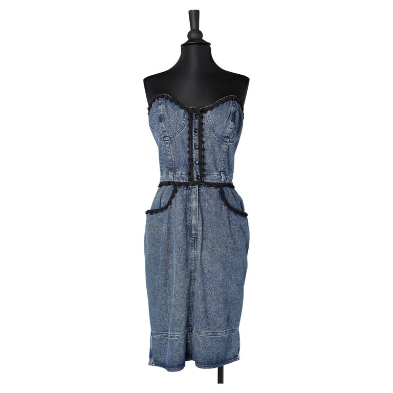 Denim bustier dress with black passementerie embellishment Moschino For Sale at 1stDibs Denim bustier dress with black passementerie embellishment Moschino For Sale at 1stDibs