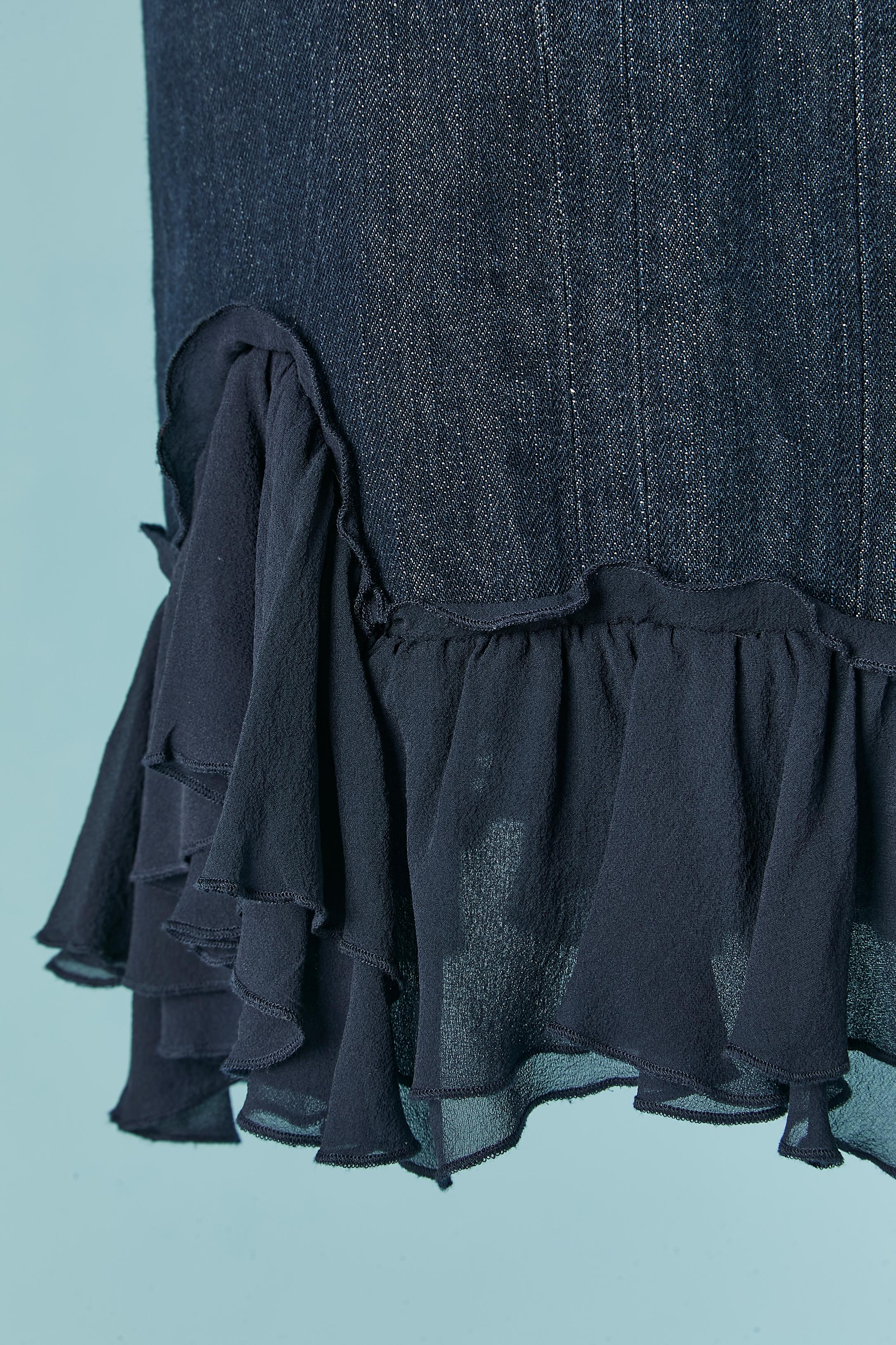 Black Denim bustier dress with silk chiffon ruffles edge Versace Jeans Couture For Sale