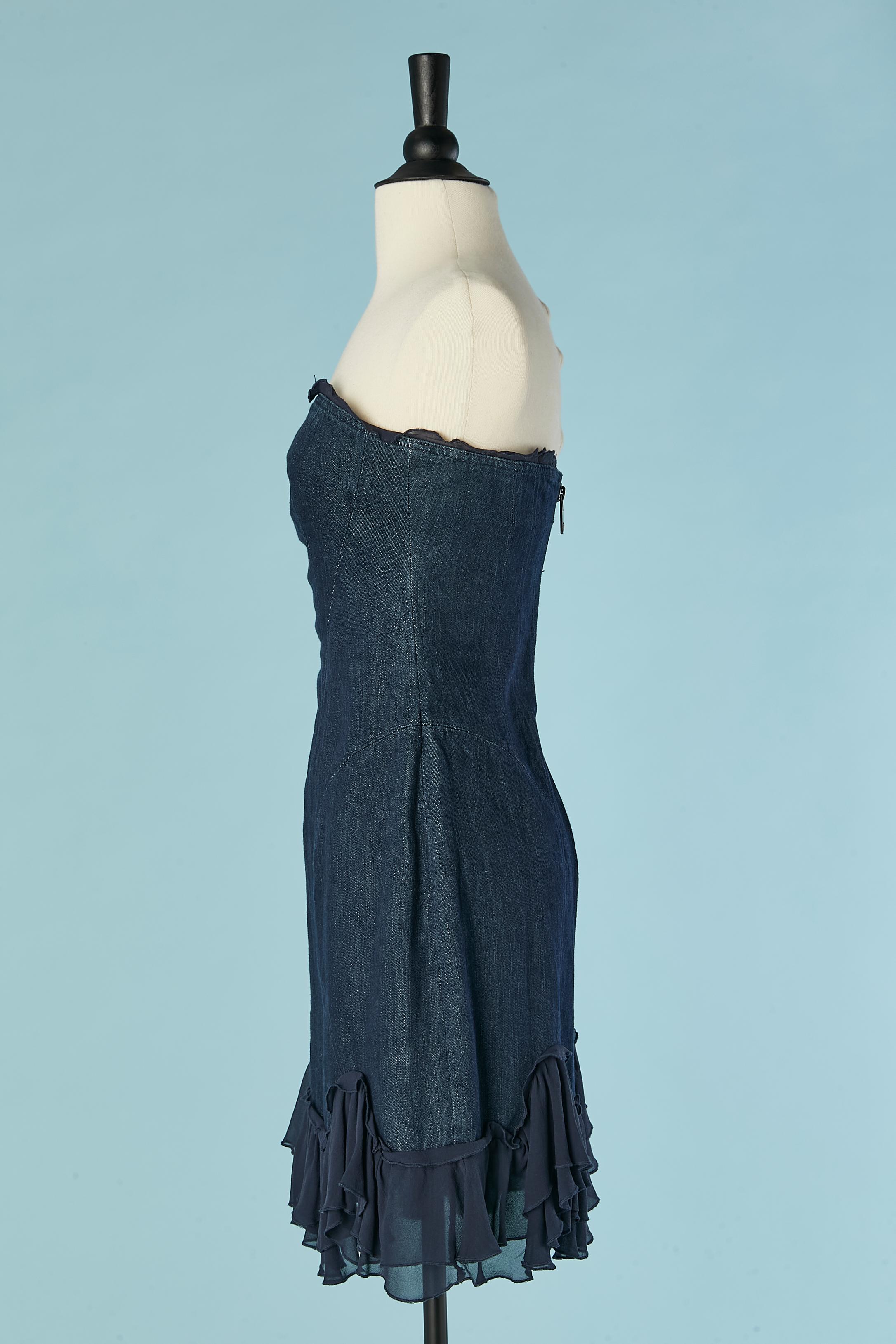 Denim bustier dress with silk chiffon ruffles edge Versace Jeans Couture In Excellent Condition For Sale In Saint-Ouen-Sur-Seine, FR