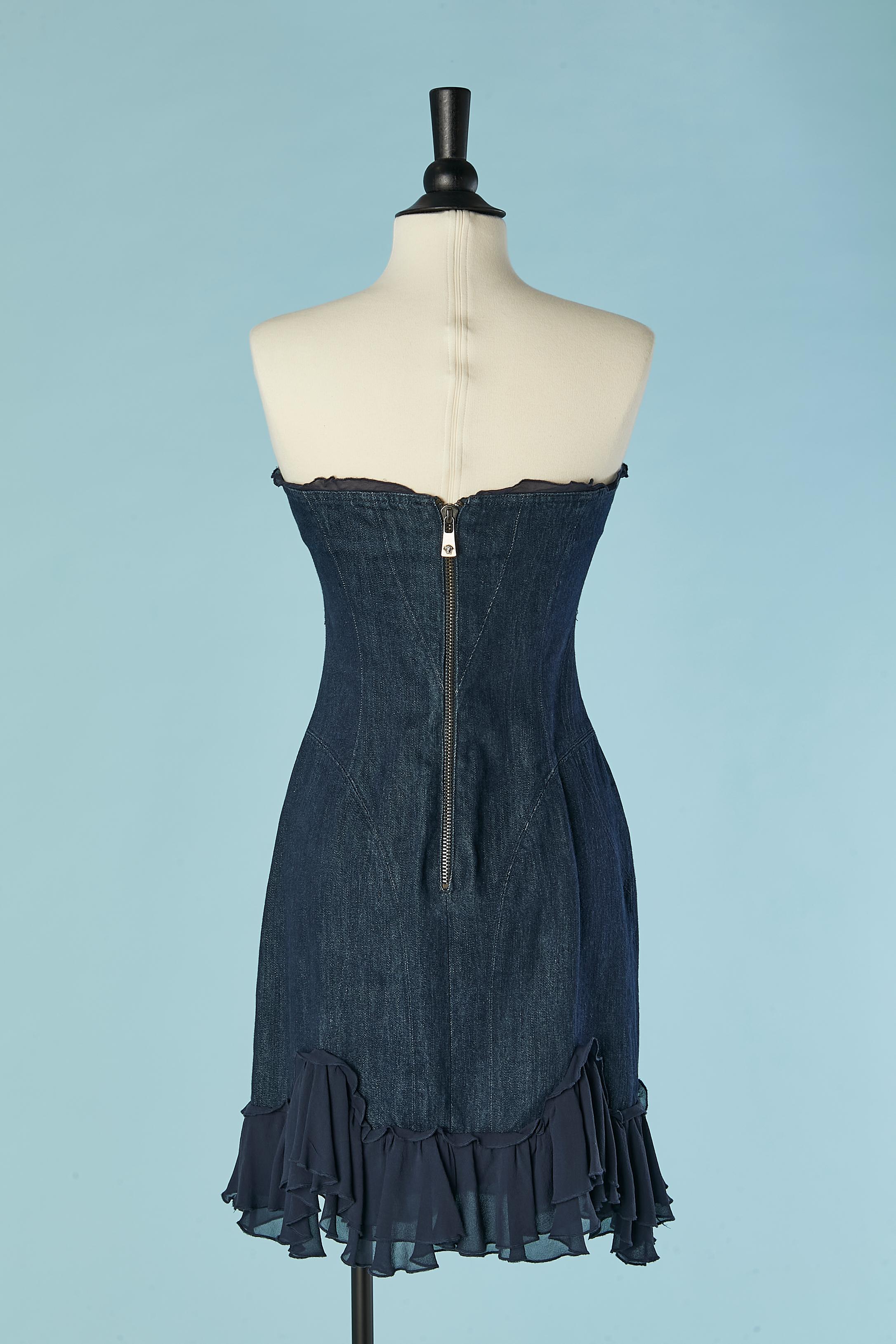 Women's Denim bustier dress with silk chiffon ruffles edge Versace Jeans Couture For Sale