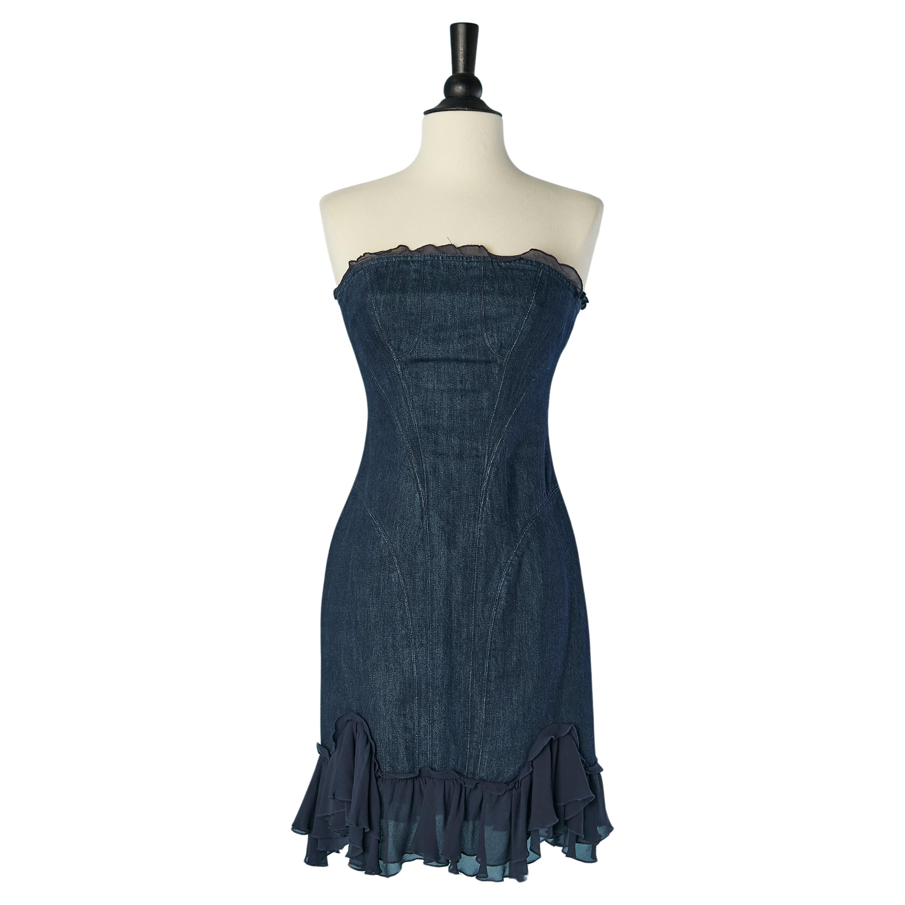 Denim bustier dress with silk chiffon ruffles edge Versace Jeans Couture For Sale