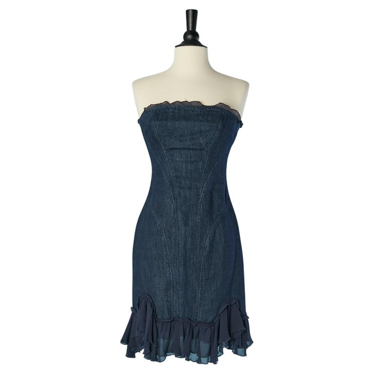 Denim bustier dress with silk chiffon ruffles edge Versace Jeans Couture at  1stDibs