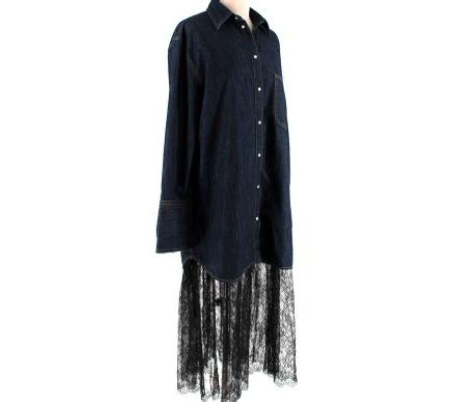 Valentino Denim & Lace Midi Shirtdress
 

 - Long sleeve denim collard shirt
 - Faux pearl button up 
 - Gold stitch detail throughout 
 - Ruffle detailing and buttons on each sleeve 
 - Front pocket on left with gold tone 