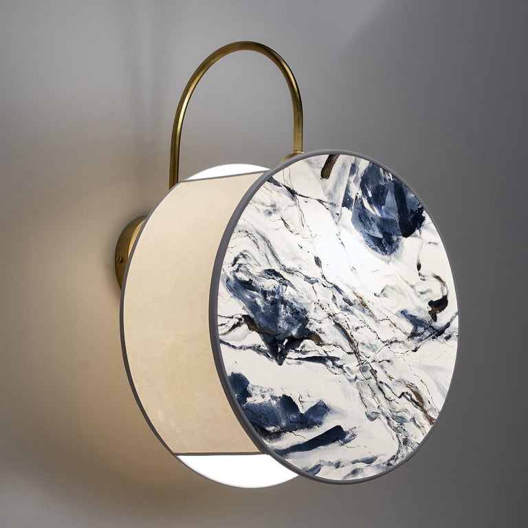 Denim Pattern Sconce Lamps Handmade Painting Velvet And Natural Brass Blue Color For Sale At 1stdibs